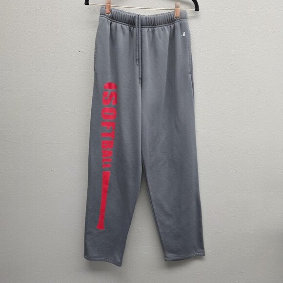 Badger Sport Sweatpants Mens Small Gray Fleece Open Bottom Softball Print 1478 - Picture 1 of 13